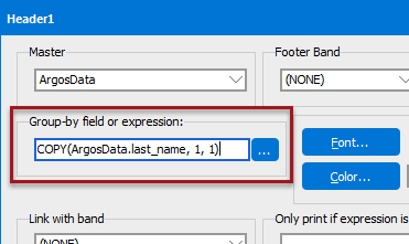 The band options dialog with the copy function entered into the "Group by field or expressions" control.